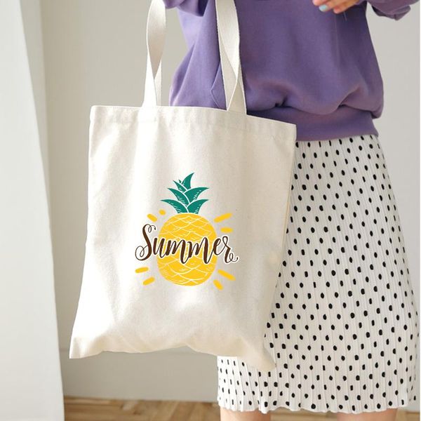 

shopping bags pineapple cartoon print cute women canvas female cloth shoulder bag eco handbag tote reusable grocery shopper kawaii sweet