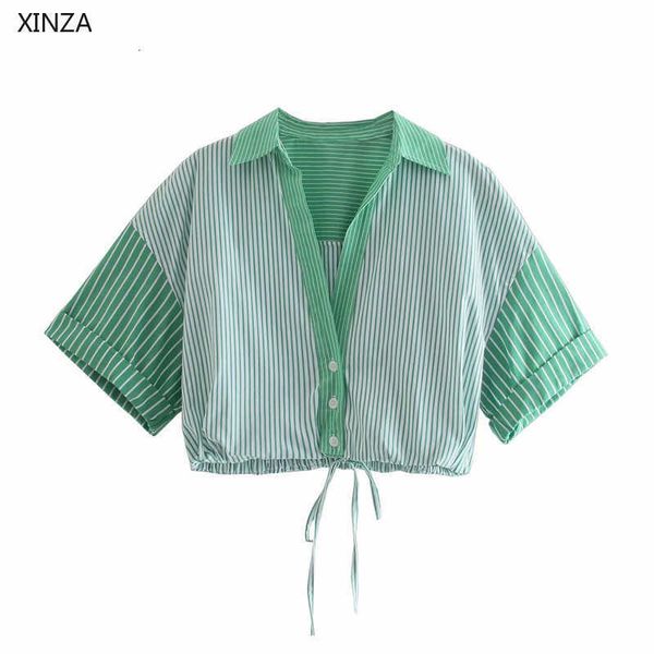 

women's blouses & shirts women green striped shirt vintage short sleeve cropped adjustable tie elastic hem female patchwork b, White