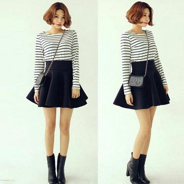 

skirts unique high waist stretch women mini pleated casual cotton flared skirt 2021 fashion, Black