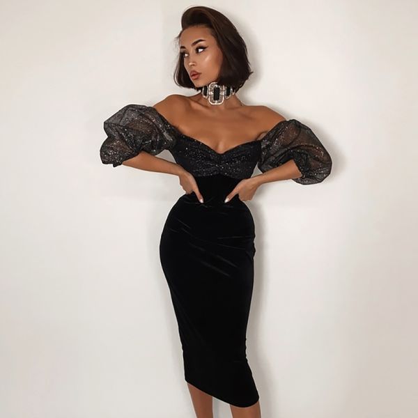 

dresses women summer off shoulder patchwork black white midi bodycon bandage 2021 elegant evening party vestidos, Black;gray