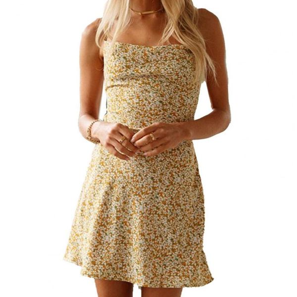 

casual dresses summer 2021 women fashion dress marguerite floral print backless cross bandage mini sling for party, Black;gray
