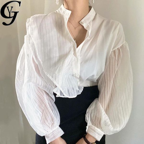 

women's blouses & shirts harajuku fashion ladies offices casual white black korena puff sleeve transparent women camisas para muje