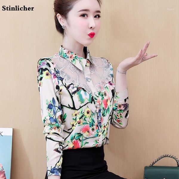 

women flowers lace blouse shirts elegant long sleeve lapels casual ladies office work, White