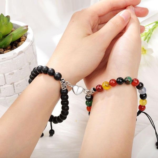

charm bracelets 2pcs/set magnet attract couple bracelet heart jewelry natural stone beaded lover luck harmony gifts, Golden;silver