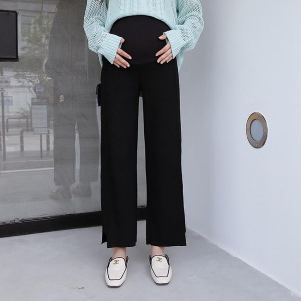 

maternity bottoms pregnant women wide leg pants autumn and winter korean version of loose casual thick knit stomach lift, White