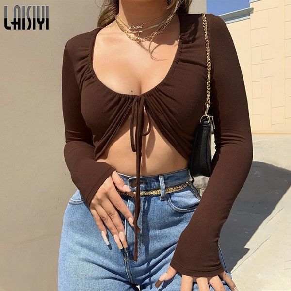 

women's t-shirt laisiyi lace up v neck low cut solid slim pleated novelty long sleeve women for autumn daily stylish t shirts, White