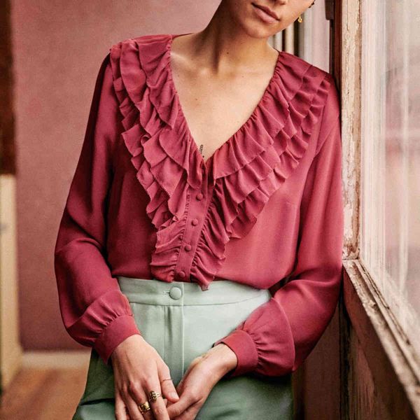 

blouses multilayer ruffles women summer autumn long sleeve v neck chic elegant shirt office lady casual vintage blouse tunic 4wbp, White