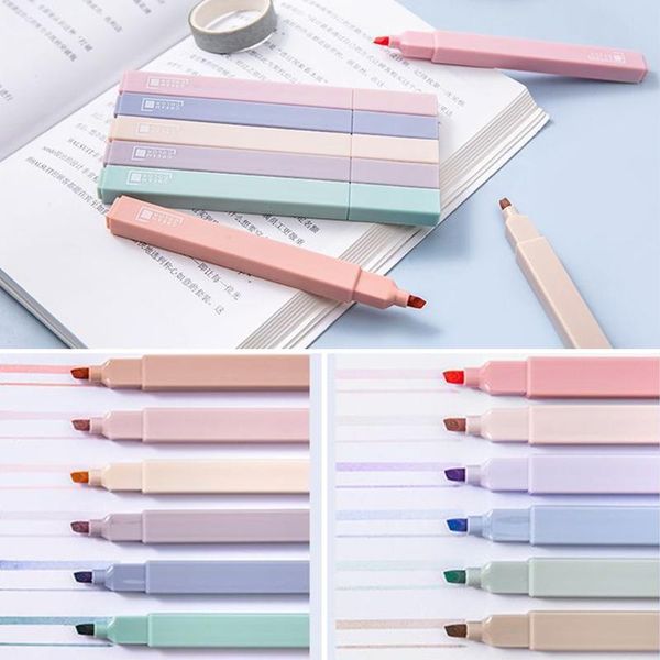 

highlighters 6pcs/set korean light color soft tip highlighter kawaii marker pen diy po journal fluorescent student stationery, Black;red
