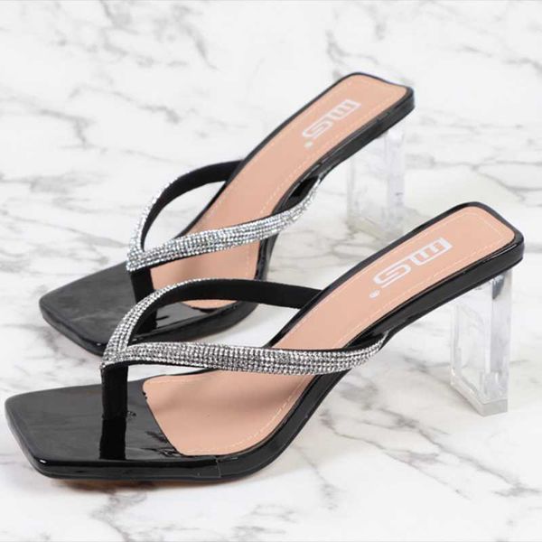 

slippers summer women high heel flip flops female casual sequins anti-slip square toe sandals open shoes for ladies hy249, Black