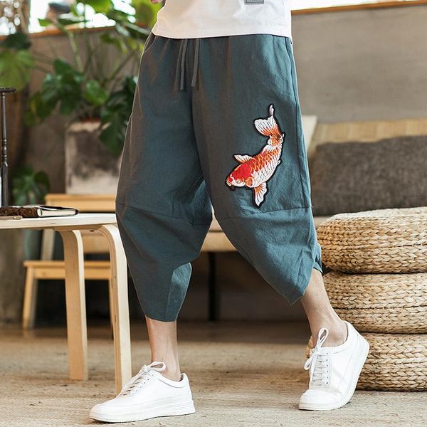 

chinese style men pants 2021 beach male summer casual calf-length man embroidery baggy loose trousers men's, Black