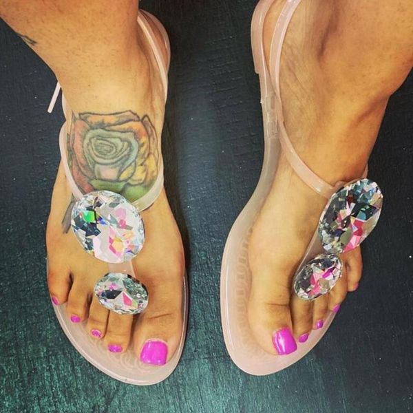 

sandals big diamonds flip flop open toe beach crystal flat jelly, Black