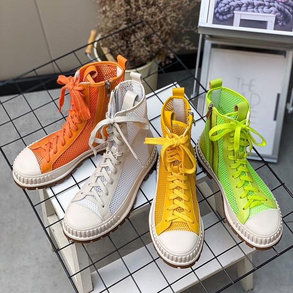 

boots high-shoes 2021 spring and summer roman sandals female lace-up leather breathable hollow mesh thick-soled biscuit, Black