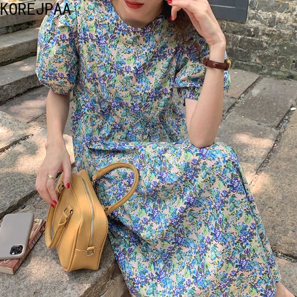 

korejpaa women dress summer korean chic ladies retro gentle floral round neck loose casual long puff sleeve a-line vestidos 210526, Black;gray