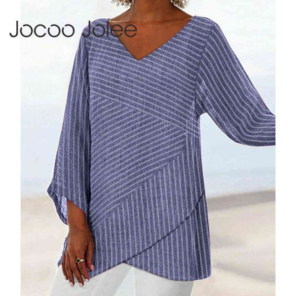 Camicia a maniche lunghe in cotone con scollo a V a maniche lunghe a righe taglie forti primavera Camicia a tunica estiva da donna Top casual allentato 210428