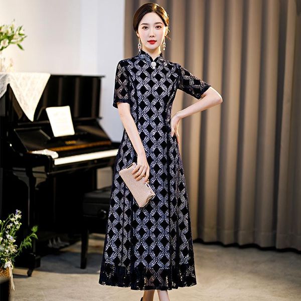 

summer women long plaid lace cheongsam elegant mandarin collar improved qipao plus size short sleeve classic chinese dress -5xl ethnic clot, Red