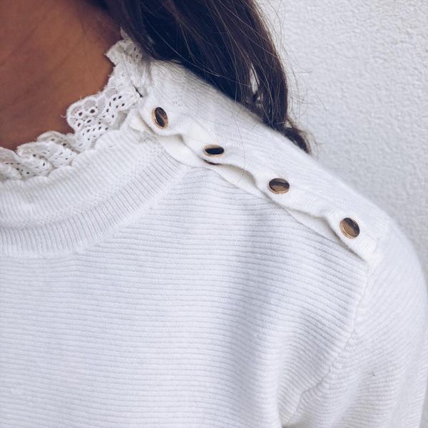 

women's blouses & shirts 2021 autumn fashion solid blouse women knitted lace high neck button long sleeve pullover female ladies tu, White