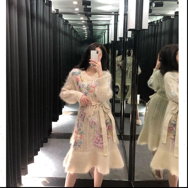 

women dress spring autumn embroidery long sleeve pullover sweater with belt female ruffles casual knit dresses vestido y465, Black;gray