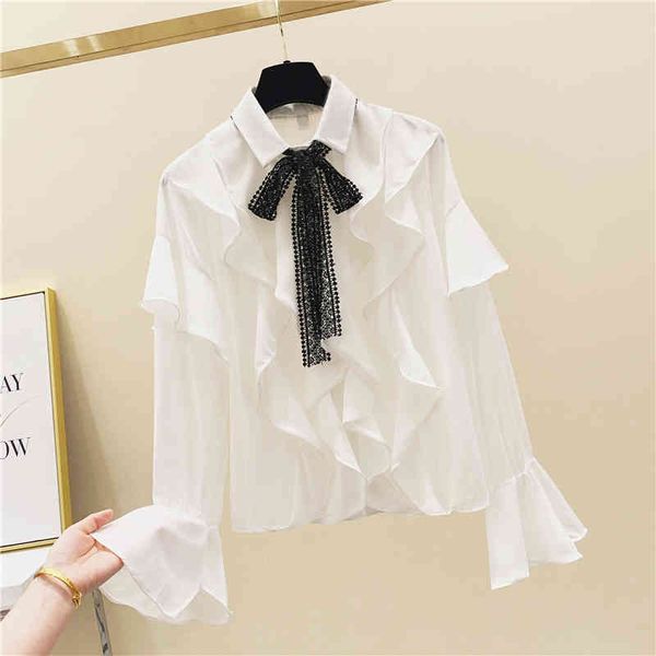

blouses lace-up bow ruffle chiffon women's spring bell-sleeve white shirt ladies office wear all-match blouses