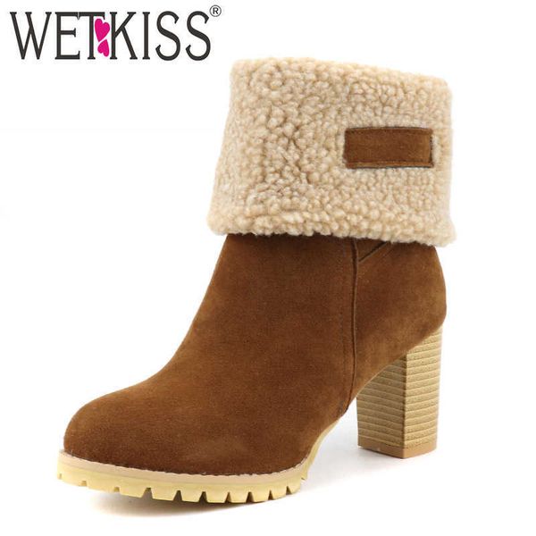

wetkiss flock ankle boots women snow booties female high heels ladies round toe faux fur snow boots women winter plus size 48 210630, Black
