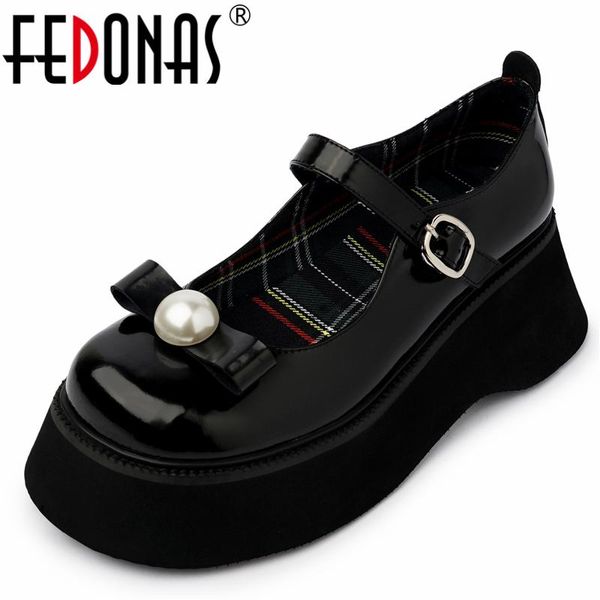 

dress shoes fedonas retro sweet platforms mary janes women pumps autumn pearl round toe thick heels casual genuine leather woman, Black