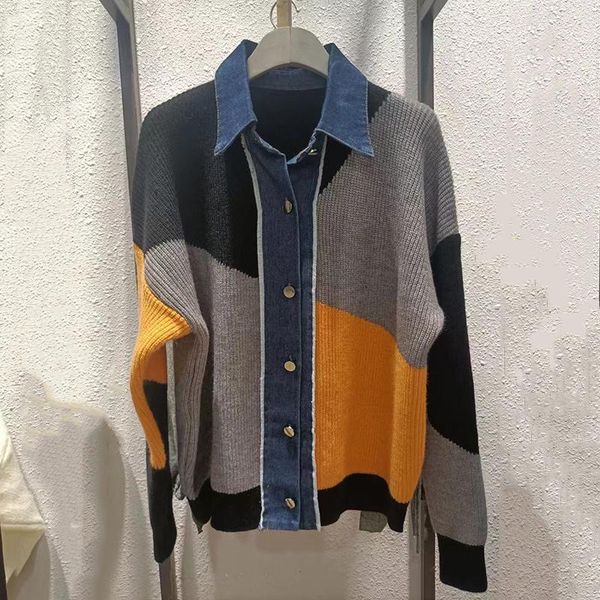 

women's knits & tees [ewq] autumn 2021 fashion single breasted denim stitching knitting color contrast geometric cardigan jacket coat f, White