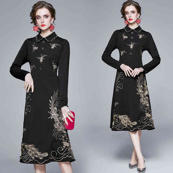 

dress 2021 spring elegant female chinese style ladies vintage turtleneck embroidered black dress bing, Black;gray