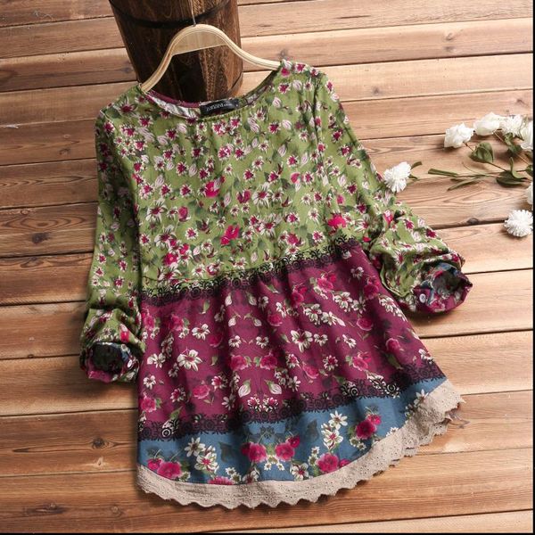 

zanzea casual printed autumn women shirts vintage floral patchwork blusas o neck long sleeve s 5xl, White