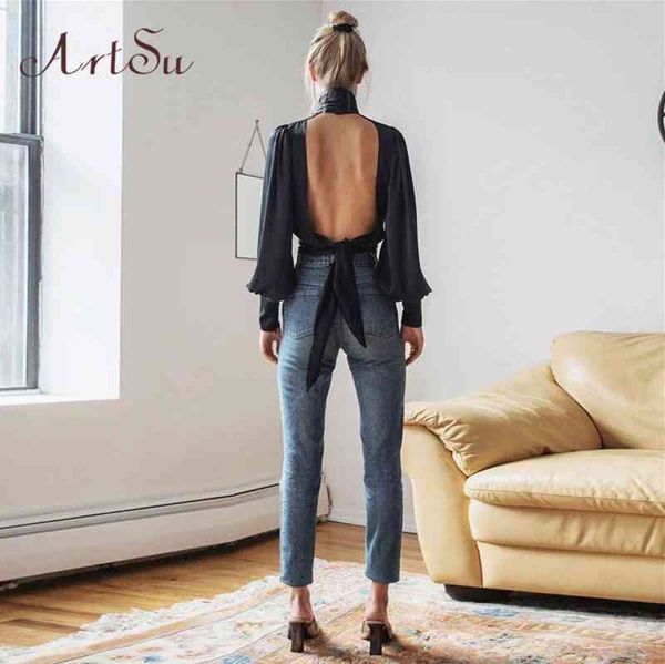 

artsu women lace up bow satin blouse turtleneck shirt backless blouses blusas women puff sleeve crop spring asbl30142, White