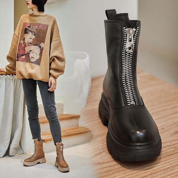 

boots women ankle cowhide upper shoes autumn and winter ladies vintage front zipper outdoor western, Black