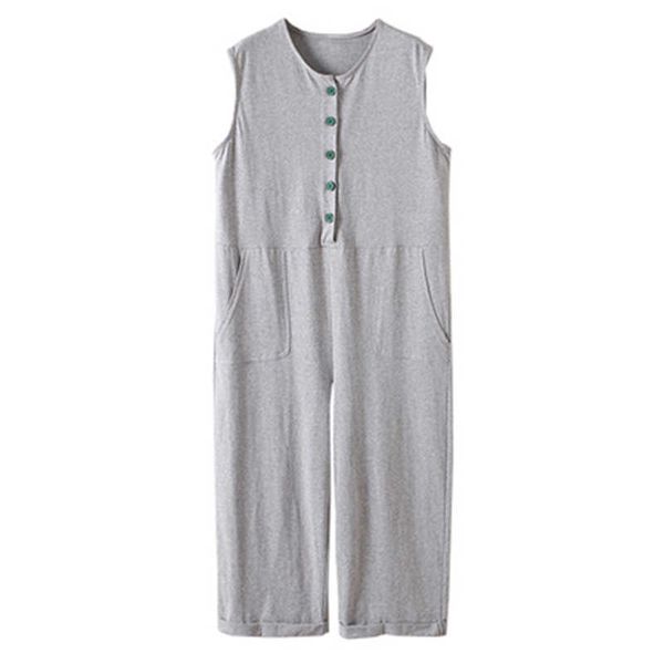 Talvez U Gray Black Sem Mangas Botão De Tanque Bolso De Volta Carta Imprimir Solto Casual Ankle-Comprimento Calças Jumpsuit J0085 210529