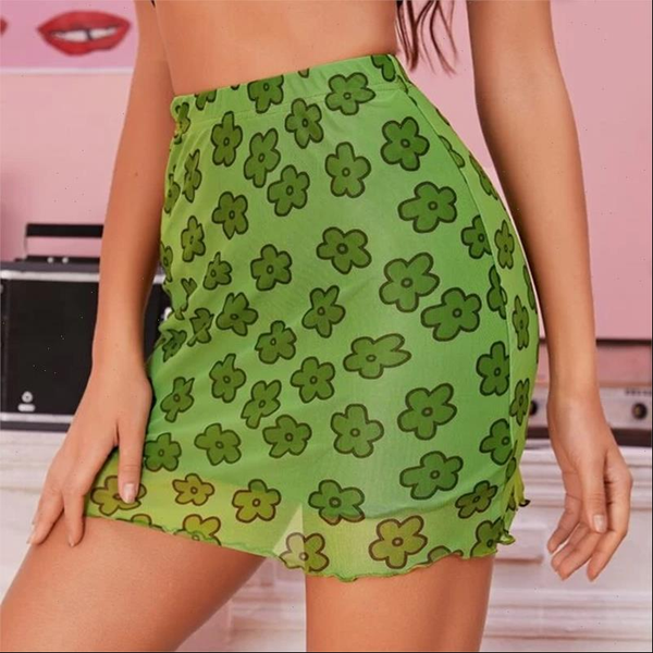 

lettuce trim floral mesh womens skirts mini falda mujer saias justas midi jupe y2k, Black