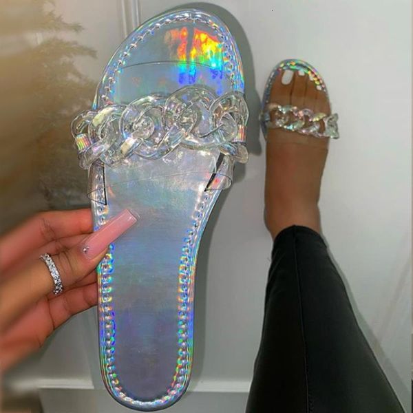 

luxury slippers 2021 summer round head flat bottom transparent metal chain i-shaped slipper's large beach sandal, Black
