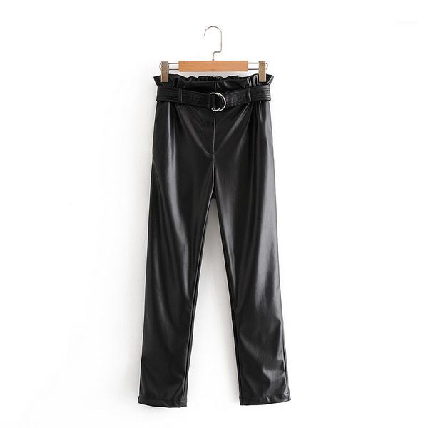 

women's pants & capris faux leather lady warm pu trousers sashes fashion womens high waist elegant pocket streetwear winter, Black;white