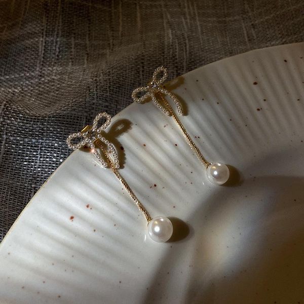 

korean exquisite simple rhinestones imitation pearl bowknot long dangle earrings temperament women's fashion accessories jewelry & chan, Silver