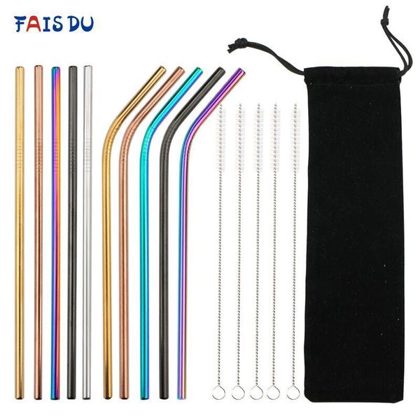 

drinking straws mixed color stainless steel reusable straight bent metal straw with cleaning brush bar party accessory