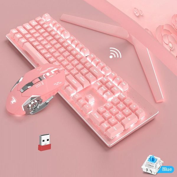 

2.4ghz wieless mechanical keyboard 104 keycaps full key no punch gaming green switch pink wireless keyboards
