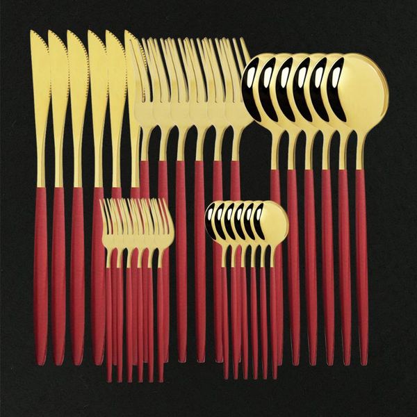 

dinnerware sets red gold cutlery set stainless steel golden knives forks spoons kitchen tableware drop
