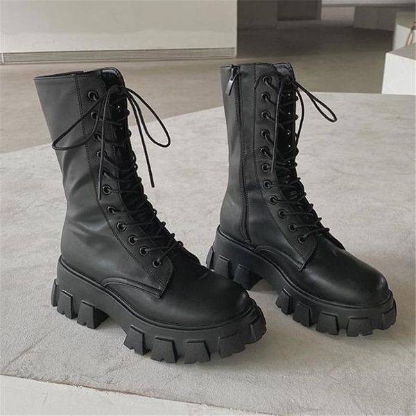 

boots women ankle wedges flat shoes high heel platform motorcycle female lace-up zipper botas mujer no slip footwear, Black