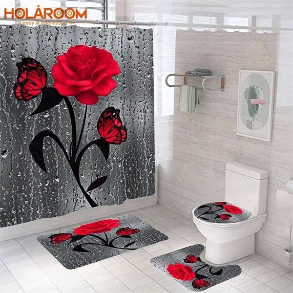 Set di tappetini antiscivolo per bagno Red RoseButterfly Set di tende da doccia impermeabili durevoli Set di tappetini per piedistallo Coperchio copriwater Tappetino da bagno Tappeti 211116