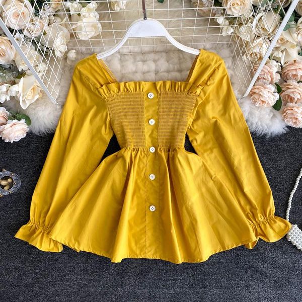 

spring autumn women's shirt korean solid color square collar waist pullover blouse lotus leaf swing all-match gx540 blouses & shirt, White