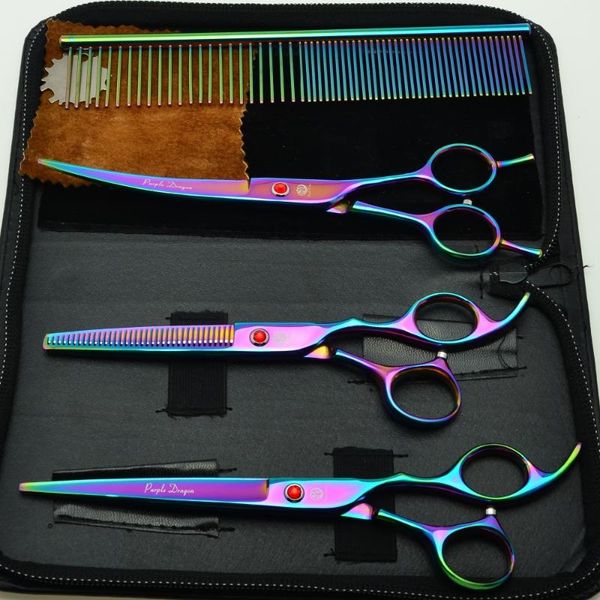 

hair scissors 4pcs suit 7'' 19.5cm colorized professional hairdressing comb + cutting shears thinning +up curved z3002c