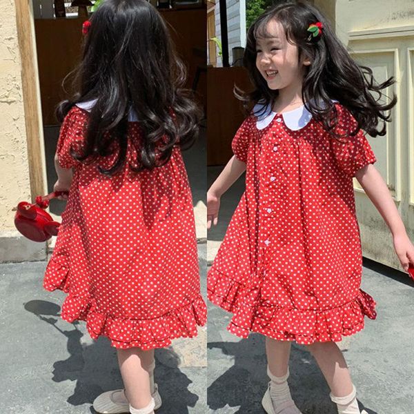 

27kids girls dress summer lotus leaf collar short sleeve for clothes polka dot skirt sweet and breathable 3-7years girl's dresses, Red;yellow