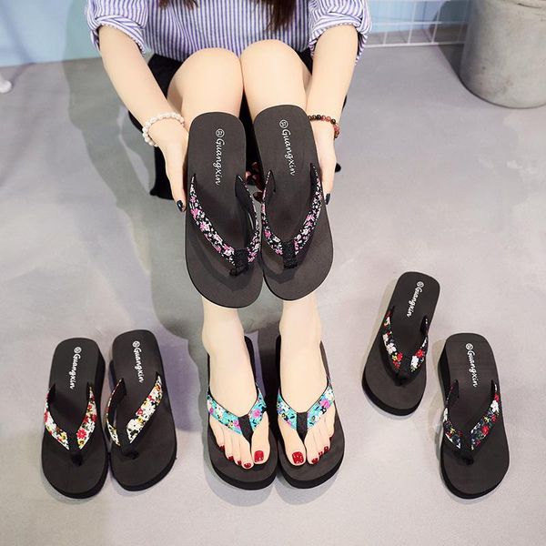 

slippers 2021 summer fashion explosion style floral foam flip flops women wedge heel platform sandals beach shoes, Black