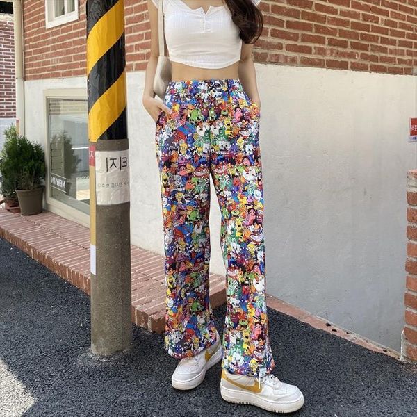 

harajuku japanese cartoon print graffiti womens capri hip hop sweatpants summer casual wide leg women bottoms, Black;white