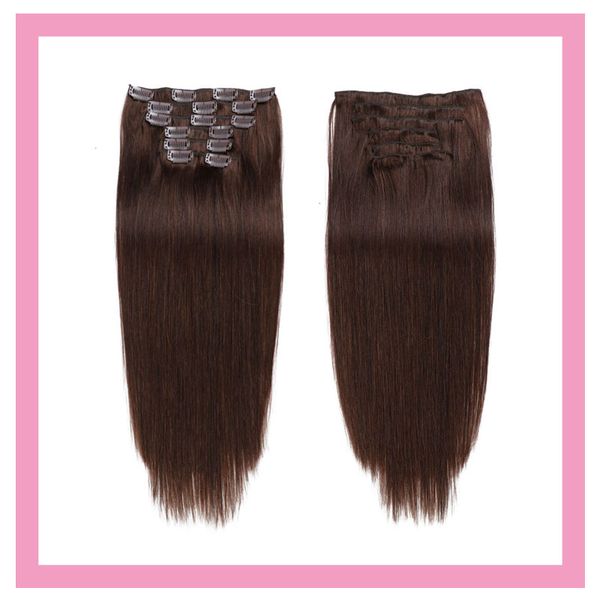 

brazilian clips in hair extensions 7pcs 2#color silky straight clip-in hair 14-24inch 70g 100g 2# 100% human hair products, Black;brown