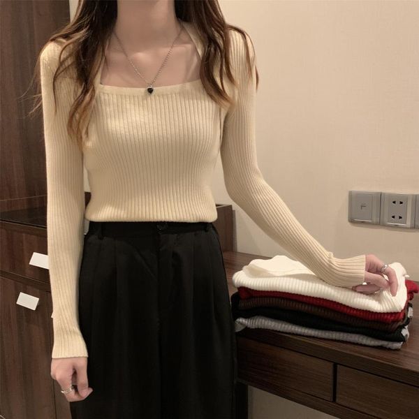 

women's sweaters 2021 female autumn winter foreign style design sense minority korean black square neck long sleeve bottomed shirt, White;black