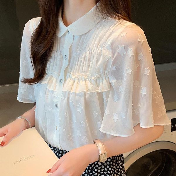 

women's blouses & shirts real s 2021 summer korean lotus sleeve design solid color female short sweet chiffon shirt, White