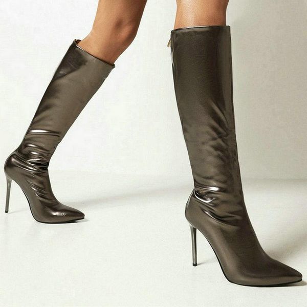 

boots 2021 women knee high fashion pointed toe thin heel ladies party faux leather zipper women's gold silver, Black