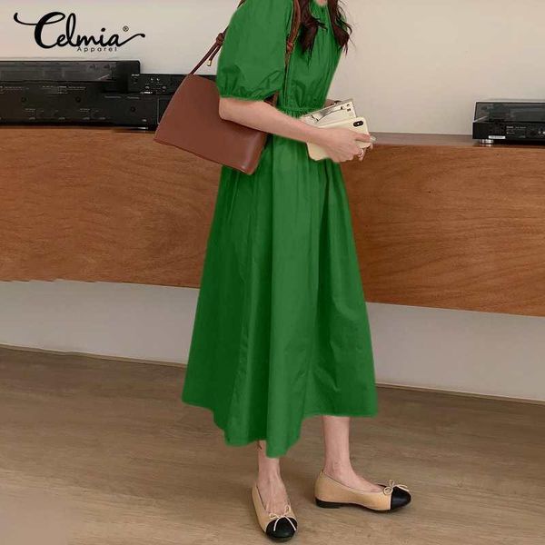 

party dresses women elegant pleated midi celmia summer puff short sleeve o neck waist long sundress casual bandage vestidos robe, White;black