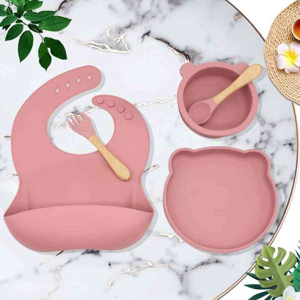 5 Pz / set Piatto in silicone per bambini Forchetta Cucchiaio Set Alimentazione per bambini Ciotola per orso Piatti BPA Free Stoviglie per bambini Mangiare Accessorio per l'addestramento G1210